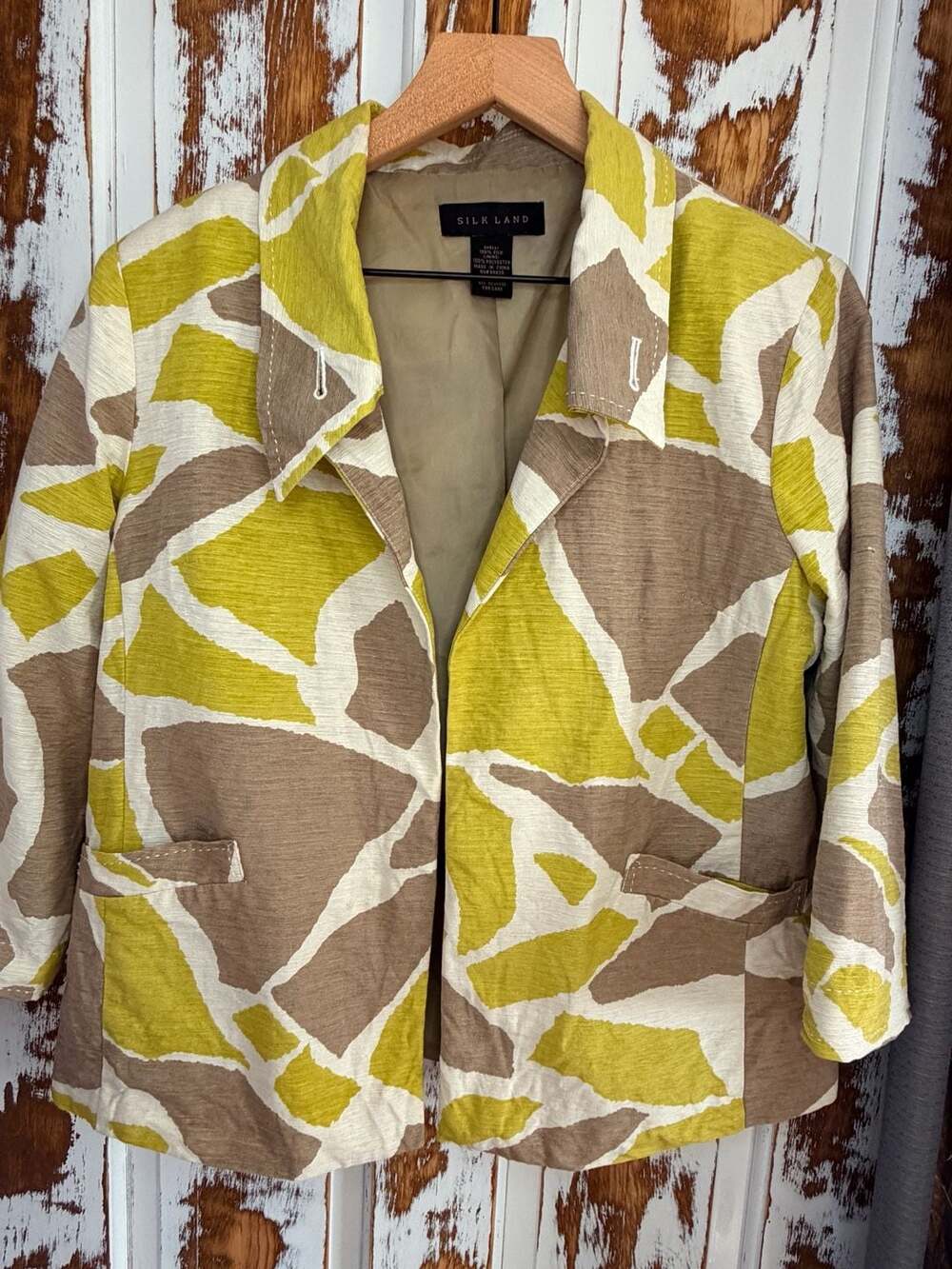 Silk Land Women’s 100% Silk Abstract Print Blazer Lime Taupe Cream Size L